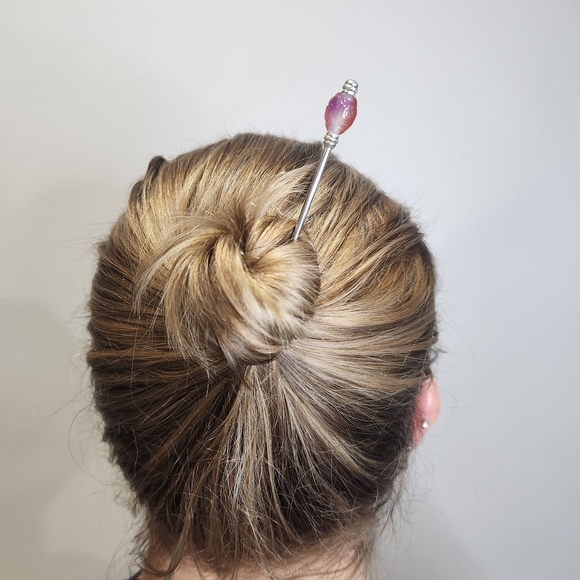 Runeblossoms Stainless Steel Hair Stick, One of a Kind Carved Dyed Jade Hair Pin - Picture 3 of 6